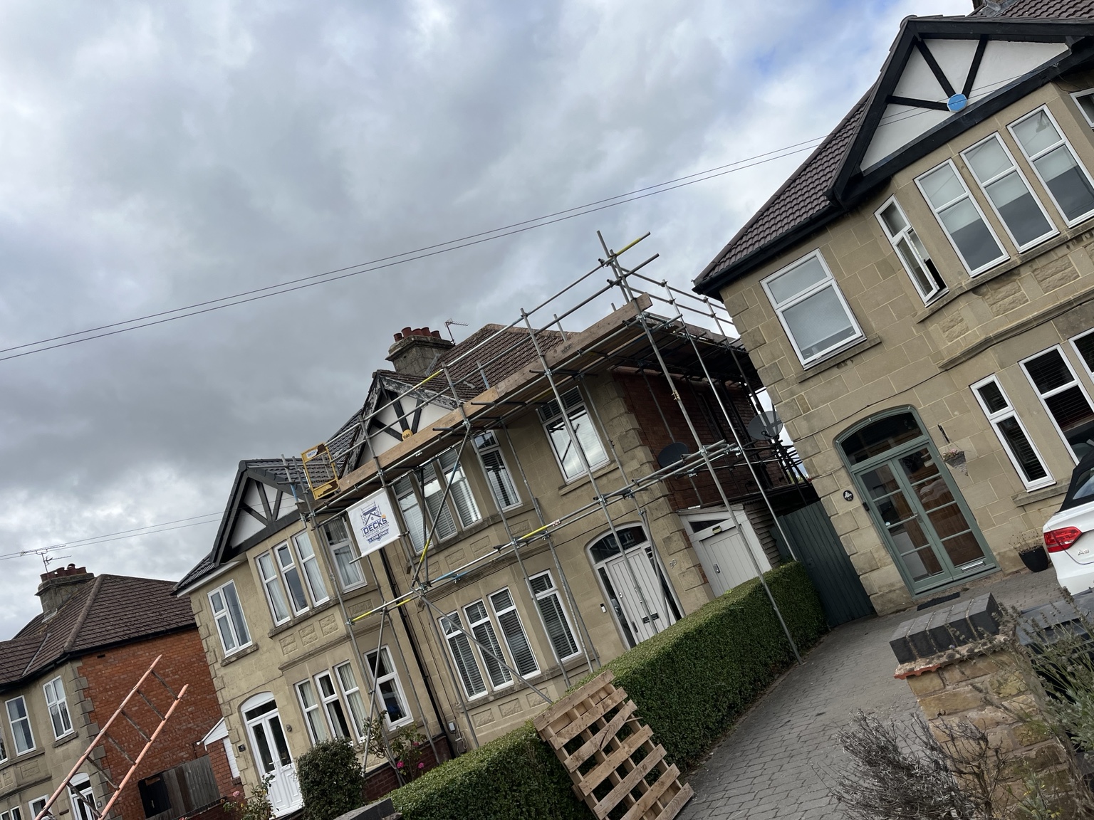 Three-sided scaffolding erected for a new roof in Leamington Spa