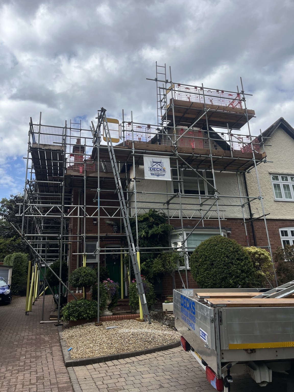 New-roof scaffolding project in Harborne within the Bournville Conservation Area