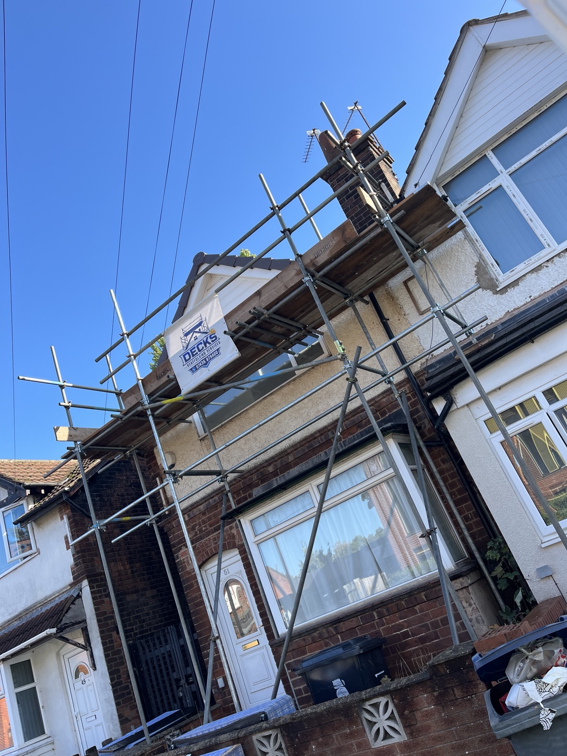Front scaffolding providing roof access at a house in Selly Oak, Birmingham